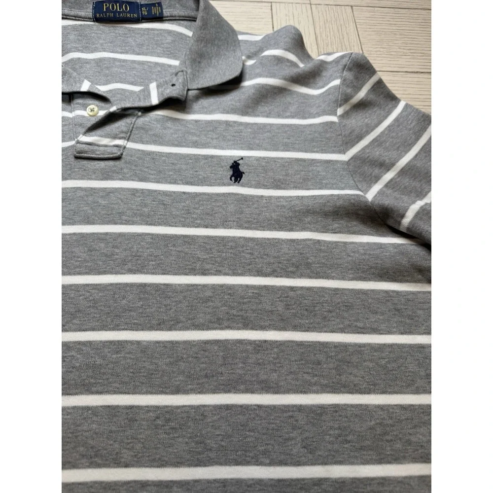 Polo by Ralph Lauren Mens Long Sleeve Gray‎ White Stripe Polo Shirt Navy Logo XL